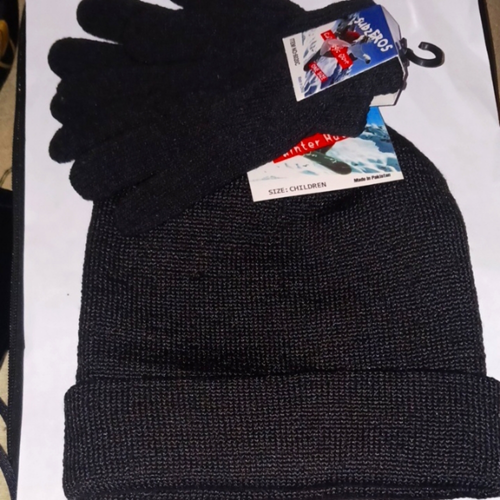 Kids Black Winter Hat and Gloves Set